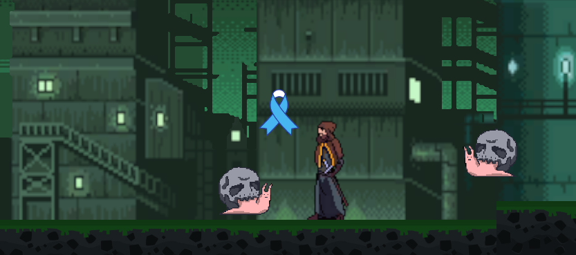Gameplay showing a hero fighting cancer-themed enemies